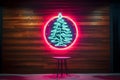 Christmas tree neon line lamp, decorated on wooden wall, generative AI