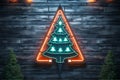 Christmas tree neon line lamp, decorated on wooden wall, generative AI