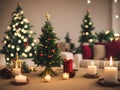 A Christmas tree in new year cozy home interior decorations. Garlands and bokeh burning candle. Royalty Free Stock Photo