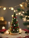 A Christmas tree in new year cozy home interior decorations. Garlands and bokeh burning candle.