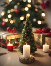 A Christmas tree in new year cozy home interior decorations. Garlands and bokeh burning candle. Royalty Free Stock Photo