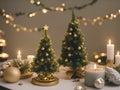 A Christmas tree in new year cozy home interior decorations. Garlands and bokeh burning candle.