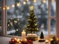 A Christmas tree in new year cozy home interior window view.
