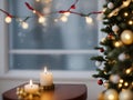 A Christmas tree in new year cozy home interior window view. Royalty Free Stock Photo