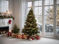 A Christmas tree in new year cozy home interior window view. Royalty Free Stock Photo