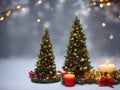 A Christmas tree in new year decorations. Garlands and bokeh burning candle.