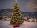 A Christmas tree in new year decorations. Garlands and bokeh burning candle.