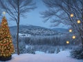 A Christmas tree in new year decorations. Garlands and bokeh burning candle.