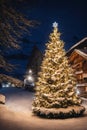 Christmas tree with new year holiday decoration in a city street at night, houses with lights, winter, snow