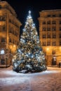 Christmas tree with new year holiday decoration in a city street at night, houses with lights, winter, snow Royalty Free Stock Photo