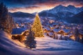 Christmas tree with new year holiday decoration in a village street at sunset, houses with lights, winter season, snowy