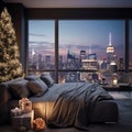 Christmas tree and New Year\'s gifts in a bedroom interior with sunset view of New York city. New Year\'s Eve. Royalty Free Stock Photo