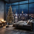 Christmas tree and New Year\'s interior with a large window and a night view of New York. Royalty Free Stock Photo