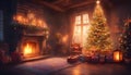 christmas tree at night Interior christmas. magic glowing tree, fireplace, gifts in dark at night Royalty Free Stock Photo