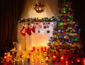 Christmas Tree Night Room Interior, Home Decoration Lights Royalty Free Stock Photo