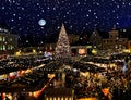 Christmas tree night starry sky in Tallinn market place panorama , full moonlight city town Hall Square Illuminated blurred lig