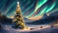 Christmas tree northern light snow New Year background. Winter starry sky landscape. Magical fairy scenery.