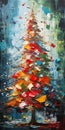 Christmas tree oil on canvas bright colorful drawing.