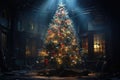 Christmas tree in old abandoned house. 3D rendering. toned image, christmas tree light, AI Generated