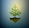 Christmas tree with one red buble growing on the flying rock in dreamland sky, Christmas fairy,