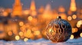 Christmas tree ornament bauble and blurred cityscape with light bokeh, Christmas background. Generative AI Royalty Free Stock Photo