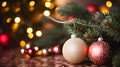 Christmas tree ornaments baubles and beautiful light bokeh, close up shot, Christmas background. Generative AI