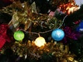 Christmas tree ornaments, colorful light balls on Christmas tree