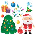 Christmas tree with ornaments and gifts. Santa Claus with gift bag. Garland and gifts. New year. Christmas set for kids Royalty Free Stock Photo