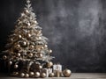 A christmas tree with ornaments and presents in front of a grey wall. Copy space, place for text