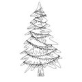 Christmas tree in outline. Stars, garlands and balls. Xmas greeting card