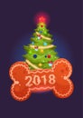 Christmas Tree Over Bone Happy New Year 2018 Of Dog Symbol Holiday Greeting Card