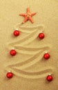 Christmas tree on painting in sand with red starfish and red matt christmas balls