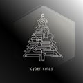 Christmas tree with a pattern of microcircuits in a hexagon geometric figure vector illustration.Cyber Christmas Royalty Free Stock Photo