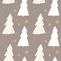 Christmas tree pattern, seamless background for winter holidays design. White pine silhouettes on brown kraft paper