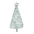 Christmas tree with patterns, graphic linear drawing on white background Royalty Free Stock Photo