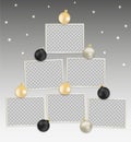 Christmas tree made of photo card frames. Mockup. Rectangular photo frames with transparent background and Christmas balls. Vector Royalty Free Stock Photo