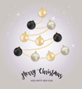 Christmas tree with shiny balls and beads. Vector 3d realistic. greeting card. Merry Christmas and Happy New Year. Beautiful text. Royalty Free Stock Photo