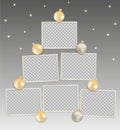 Rectangular photo frames with transparent background and Christmas balls. Christmas tree made of photo cards. Mockup. Vector Royalty Free Stock Photo