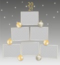 Rectangular photo frames with transparent background, numbers 2021 and Christmas balls. Christmas tree made of photo cards. Mockup Royalty Free Stock Photo