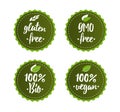 Gluten free, Gmo free, 100% bio, 100% vegan. Set of signs, icons, labels. food labeling collection. Inscriptions on green circle f Royalty Free Stock Photo