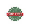 GMO free round label. Green  icon with red with a leaf and text. Vector logo, tag, sticker. diet brand trademark. Royalty Free Stock Photo