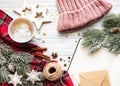 Cup of coffee and Christmas decorations Royalty Free Stock Photo