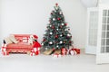 Christmas tree with pine decor gifts for new year interior background winter