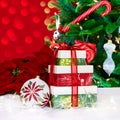 Christmas Tree, Poinsettia's & Presents Royalty Free Stock Photo