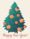 Happy New Year. Fresh citrus fruits, oranges, hang on the green Christmas tree.