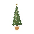 Christmas tree in pot. Holiday spruce with garland and star. Cozy home decoration on white background. Vector