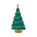 Christmas tree in pot. Holiday spruce with garland and star. Cozy home decoration on white background. Vector