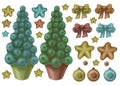 Christmas tree in a pot toys christmas stars balls big set separately on white