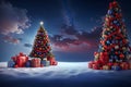 Christmas tree with presents against snowy landscape under blue sky 3d-illustration Royalty Free Stock Photo