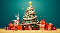 Christmas tree with presents around it and deer standing next to it. Generative AI